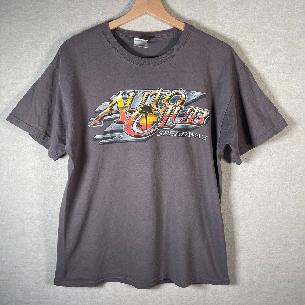 Vintage Auto Club Speedway Graphic Shirt Men Medium Gildan Gray Racing Y2K Tee